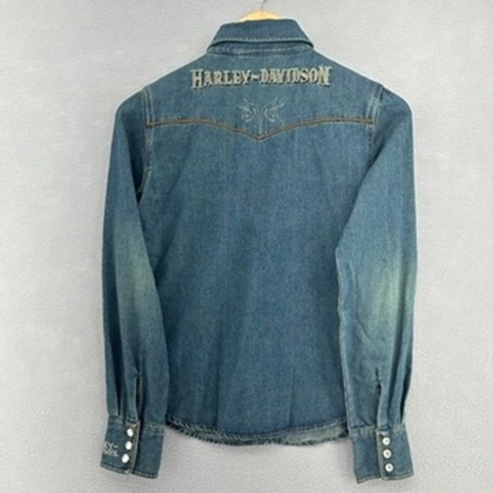 VTG Y2K Harley-Davidson Western Pearl Snap Denim Shirt Blue Embroidered XS (XXS) - Picture 3 of 8